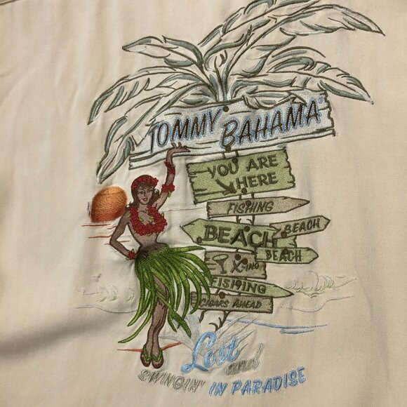Tommy Bahama Silk Embroidery Panel Hawaiian Lost Swinging Paradise Shirt Size M - Picture 6 of 9